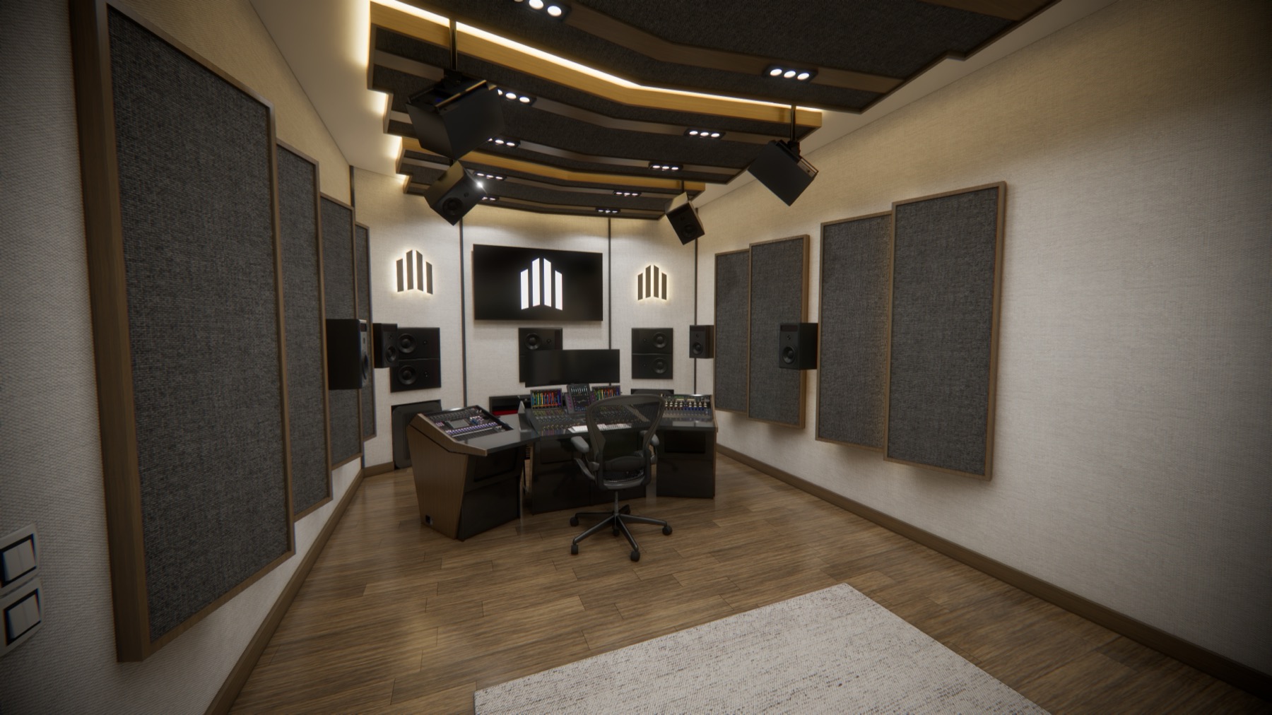 Audio control room with acoustic wall panels, a central mixing desk, a black chair and speakers mounted on the walls and ceiling